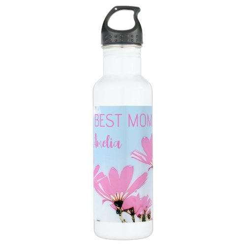 Pink Flowers Floral Mom Name Mothers Day Stainless Steel Water Bottle