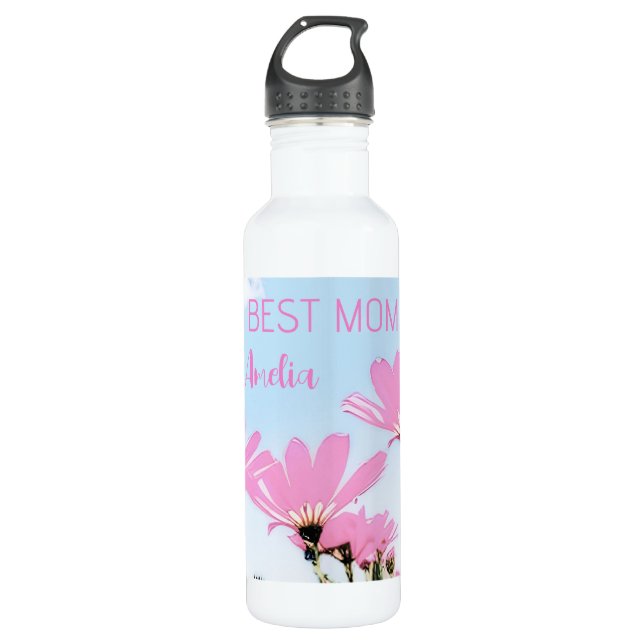Pink Flowers Floral Mom Name Mother's Day Stainless Steel Water Bottle (Front)