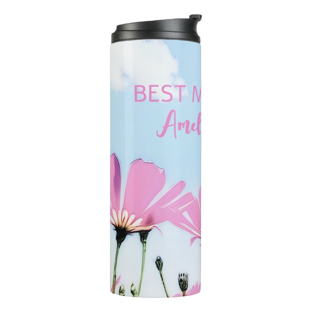 Pink Flowers Floral Mom Name Mother's Day Thermal Tumbler (Rotated Left)