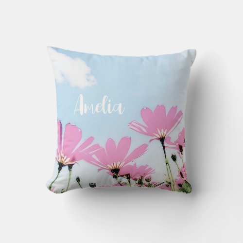 Pink Flowers Floral Mom Name Mothers Day Throw Pillow