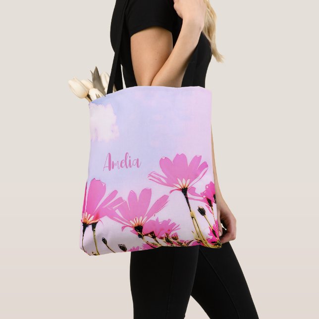 Pink Flowers Floral Mom Name Mother's Day Tote Bag (Close Up)