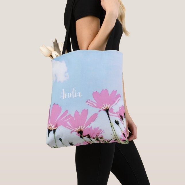 Pink Flowers Floral Mom Name Mother's Day Tote Bag (Close Up)