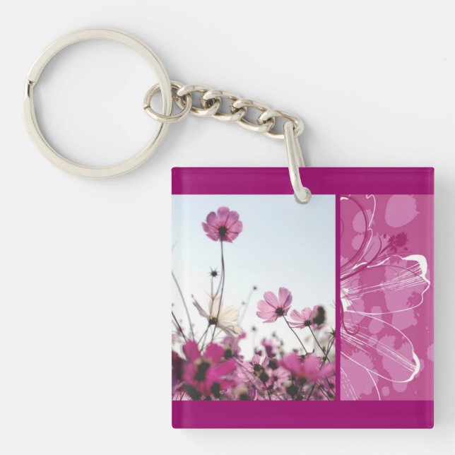 Pink flowers floral nature designer beautiful keychain (Front)