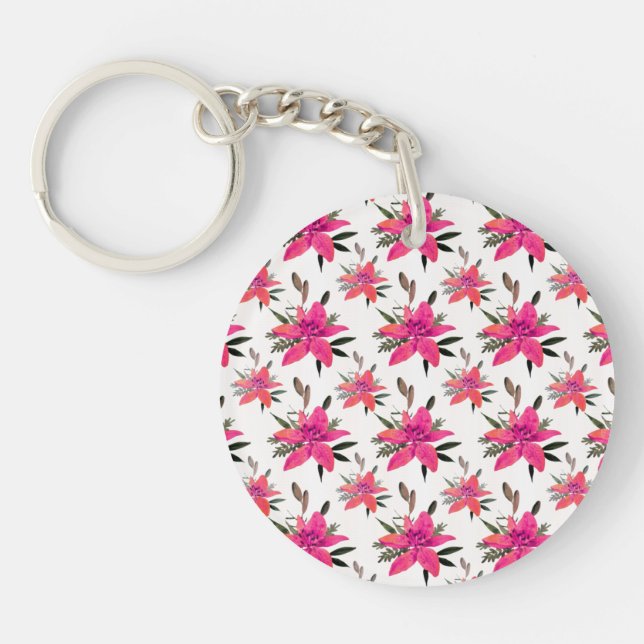 Pink Flowers Floral Pattern Design Keychain (Front)