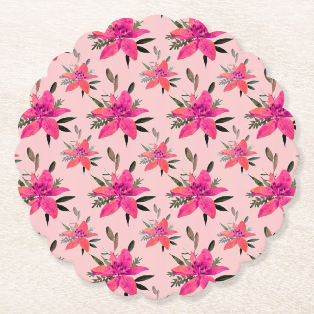 Pink Flowers Floral Pattern Design Paper Coaster (Front)