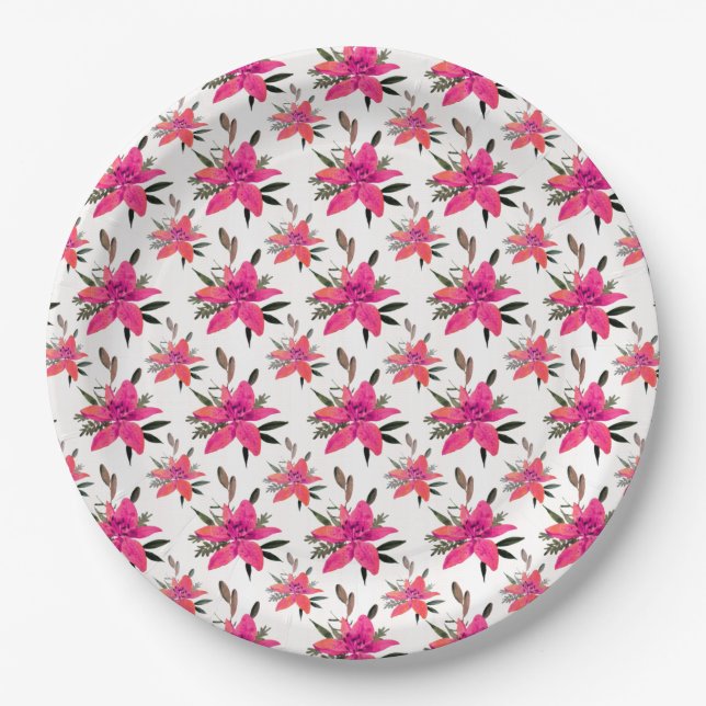 Pink Flowers Floral Pattern Design Paper Plates (Front)