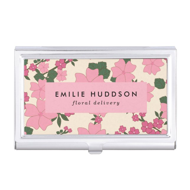 Pink Flowers, Floral Pattern, Florist, Flower Shop Business Card Case (Front)