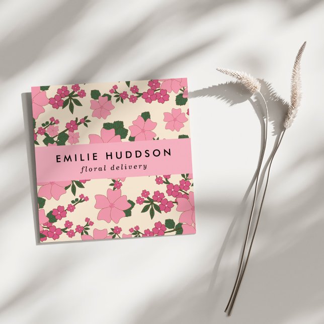 Pink Flowers, Floral Pattern, Florist, Flower Shop Square Business Card (Creator Uploaded)
