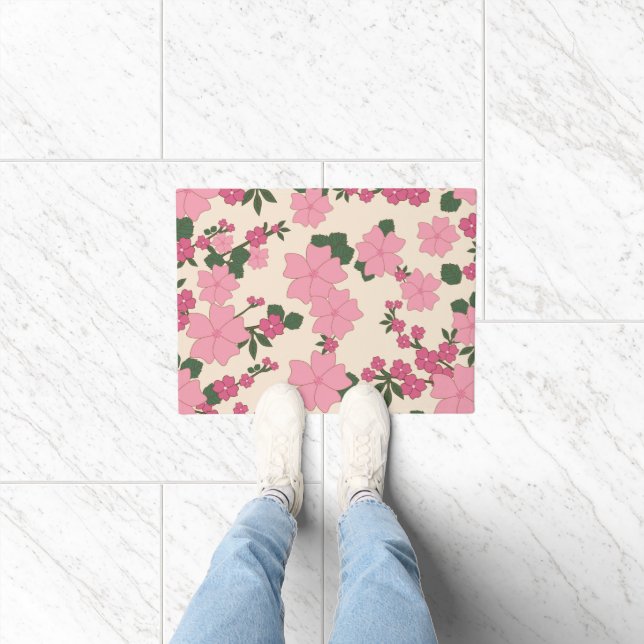 Pink Flowers, Floral Pattern, Pattern Of Flowers Doormat (Indoor)