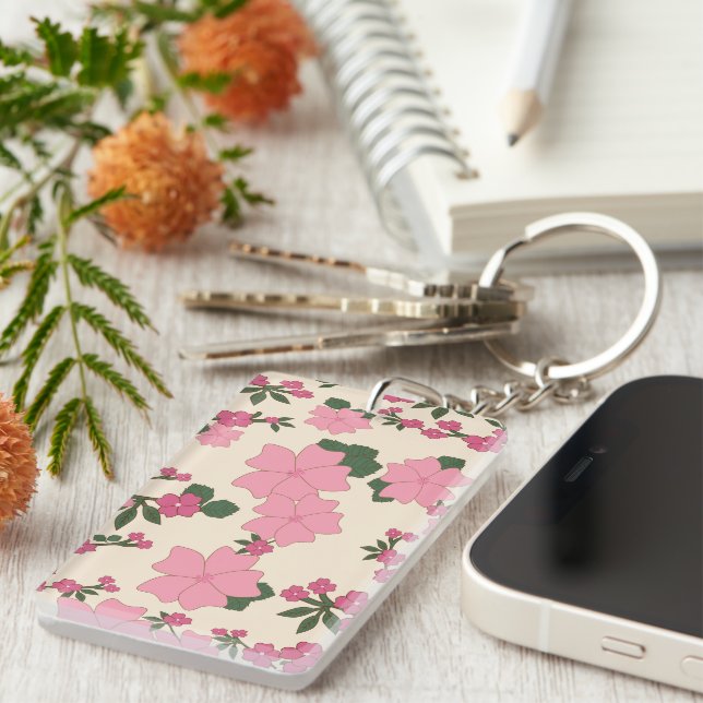 Pink Flowers, Floral Pattern, Pattern Of Flowers Keychain (Front Right)
