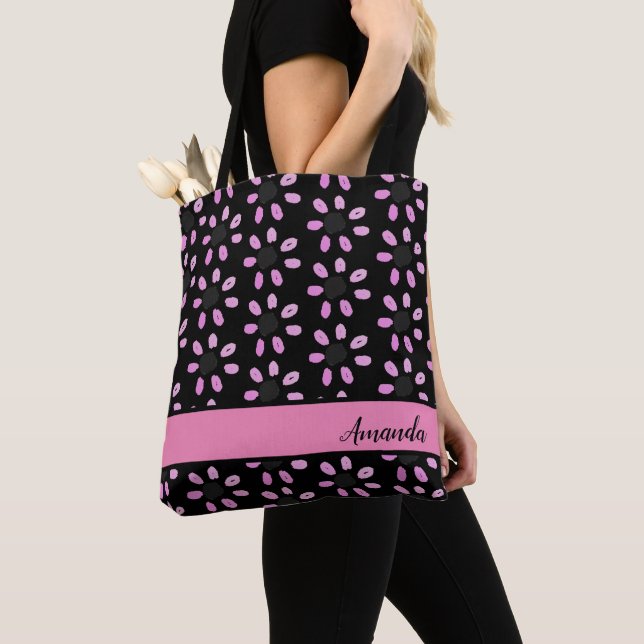 Pink Flowers Floral Pattern with Name Tote Bag (Close Up)