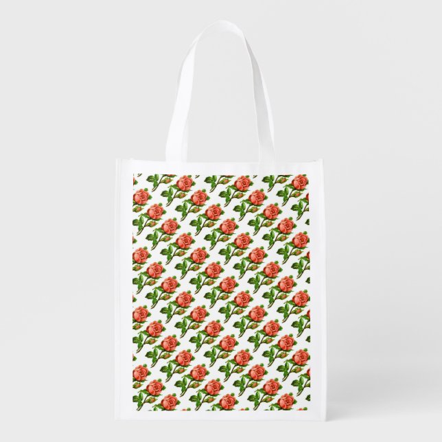 Pink Flowers Floral Victorian Roses  Reusable Grocery Bag (Front)