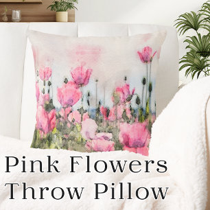 Pink Flowers Floral Watercolor Throw Pillow
