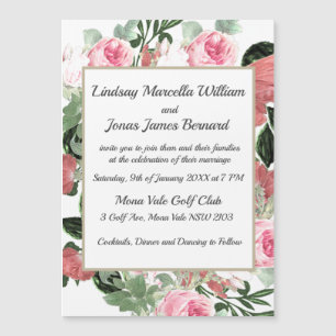 Pink Flowers Floral Wedding Invitation Magnet Card