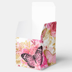 Pink Flowers Flying Butterfly Golden Accents Favor Boxes