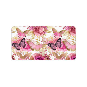 Pink Flowers Flying Butterfly Golden Accents Label