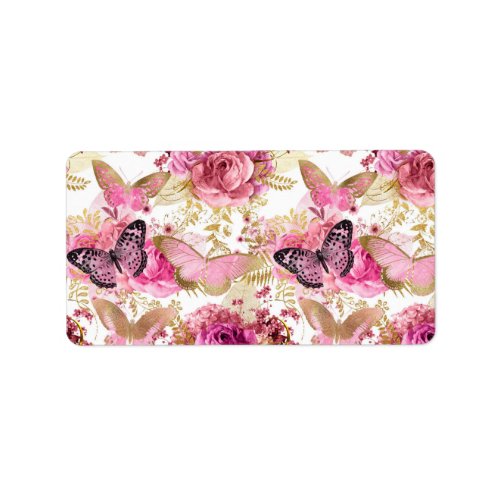 Pink Flowers Flying Butterfly Golden Accents Label