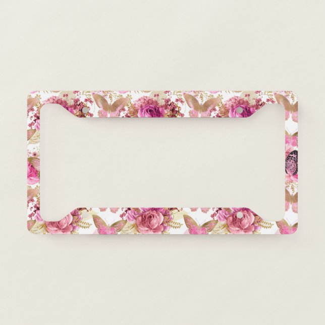 Pink Flowers Flying Butterfly Golden Accents License Plate Frame (Front)