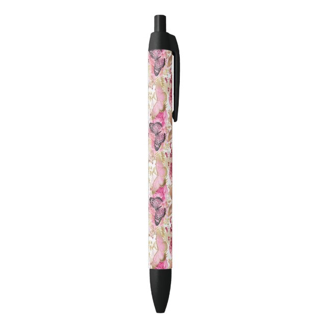 Pink Flowers Flying Butterfly Golden Accents Pen (Bottom (Vertical))