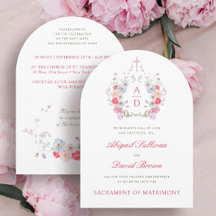 Pink Flowers Frame Catholic Wedding Invitation