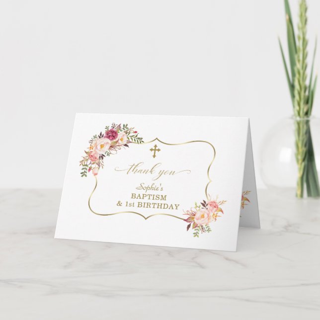 Pink Flowers Frame Gold 1st Birthday Baptism Thank You Card (Front)