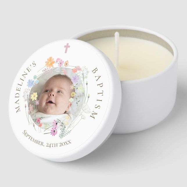 pink flowers frame photo Baptism Mini Candle Favors (Corner)