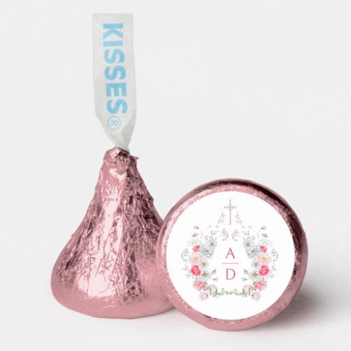 Pink Flowers Frame Religious Wedding Monograms Hershey®'s Kisses®