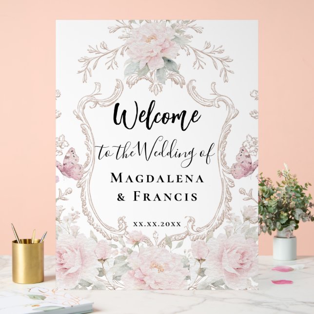 pink flowers frame wedding welcome acrylic sign (Wedding)