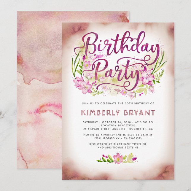 Pink Flowers Garden Elegant Floral Birthday Party Invitation (Front/Back)