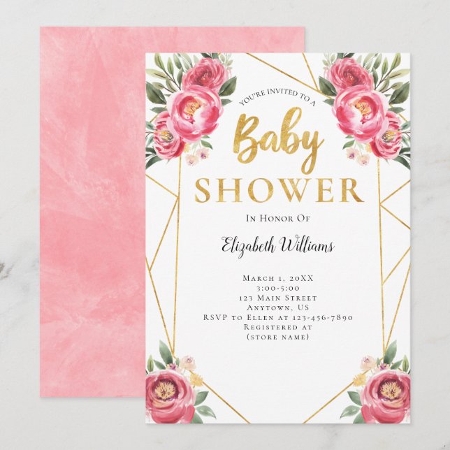 Pink Flowers Geometric Frame Baby Shower Invitation (Front/Back)