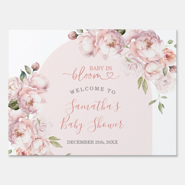 Pink Flowers Girl Baby In Bloom Welcome Yard Sign (Front)