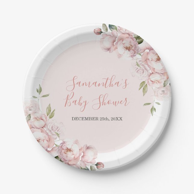 Pink Flowers Girl Baby Shower Baby in Bloom Paper Plates (Front)