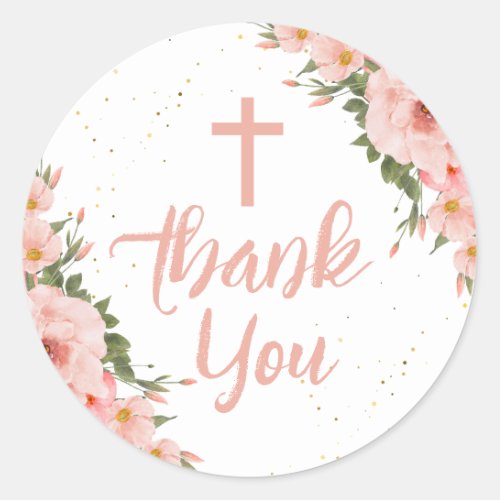 Pink Flowers Girl Baptism Thank You Classic Round Sticker