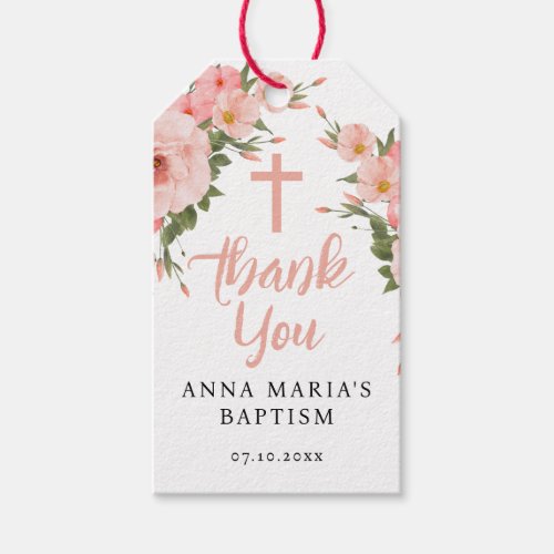 Pink Flowers Girl Baptism Thank You Gift Tags