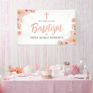 Pink Flowers Girl Baptism Welcome Banner