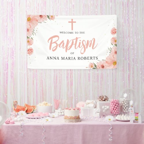  Pink Flowers Girl Baptism Welcome Banner