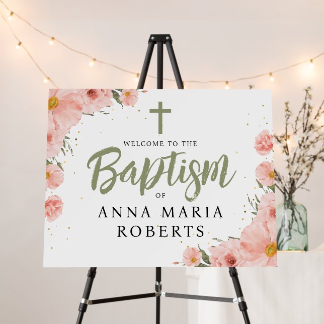 Pink Flowers Girl Baptism Welcome Foam Board (In Situ (Stand))
