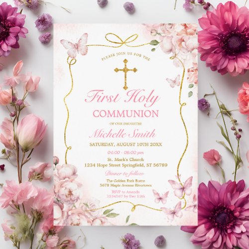 Pink Flowers Girl Butterfly First Holy Communion