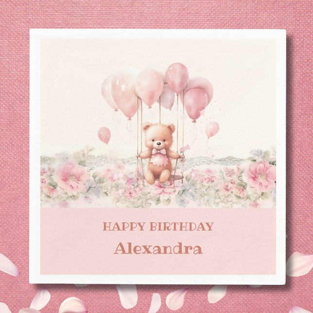 Pink Flowers Girl Cute Teddy Birthday Party Napkins (Creator Uploaded)