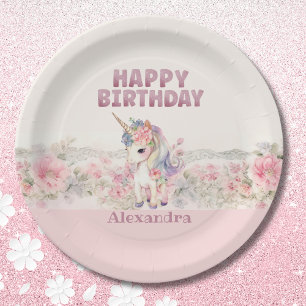 Pink Flowers Girl Cute Unicorn Birthday Paper Plates