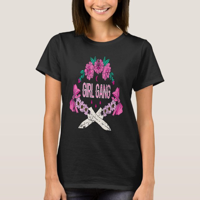 Pink Flowers Girl Gang Vogue Style T-Shirt (Front)