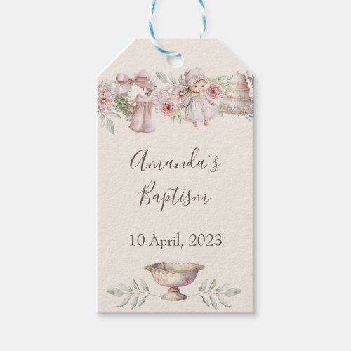 Pink Flowers Girls Baptism Gift Tags