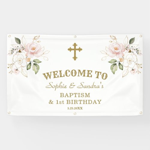 Pink Flowers Girls Twins 1st Birthday Welcome Sign