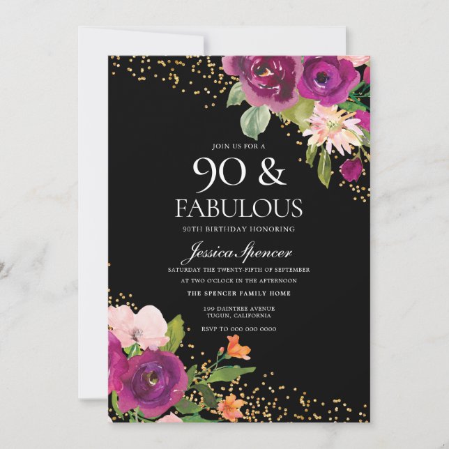 Pink Flowers Glitter Black 90th Birthday Party Invitation (Front)
