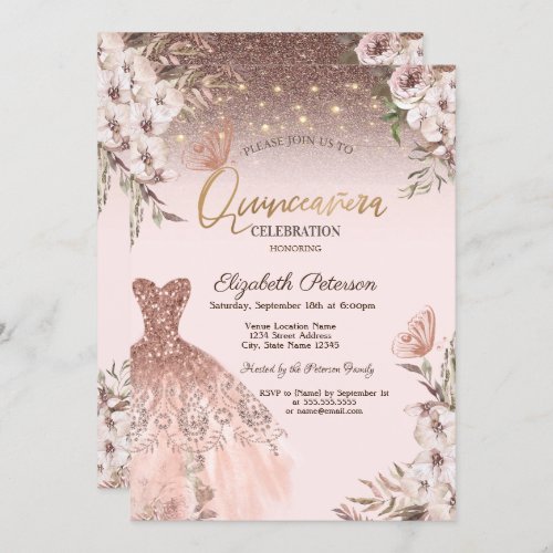 Pink Flowers Glitter Butterflies Dress Quinceaera Invitation