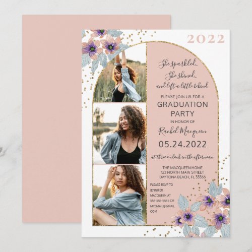 Pink Flowers Glitter Confetti Photo Graduation