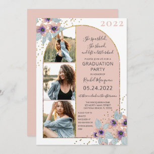 Pink Flowers Glitter Confetti Photo Graduation Invitation