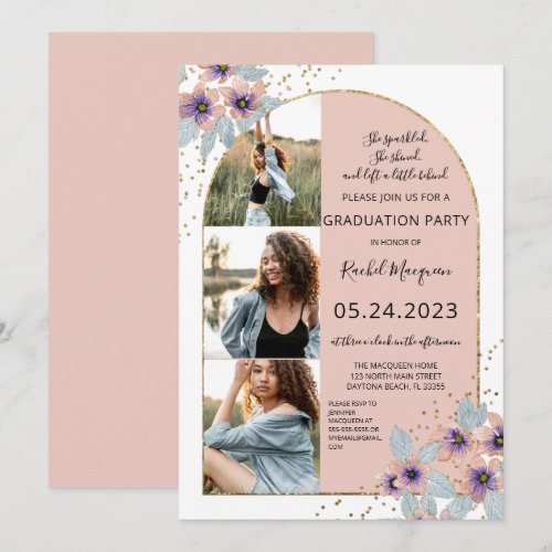 Pink Flowers Glitter Confetti Photo Graduation