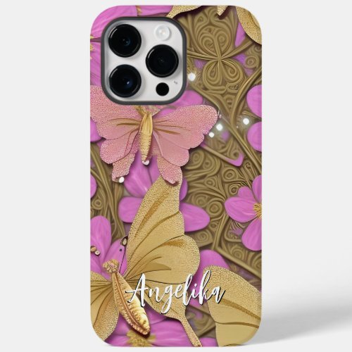 Pink Flowers Gold Butterflies and Your Name Case_Mate iPhone 14 Pro Max Case