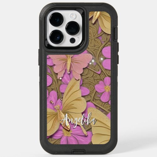 Pink Flowers Gold Butterflies and Your Name OtterBox iPhone 14 Pro Max Case